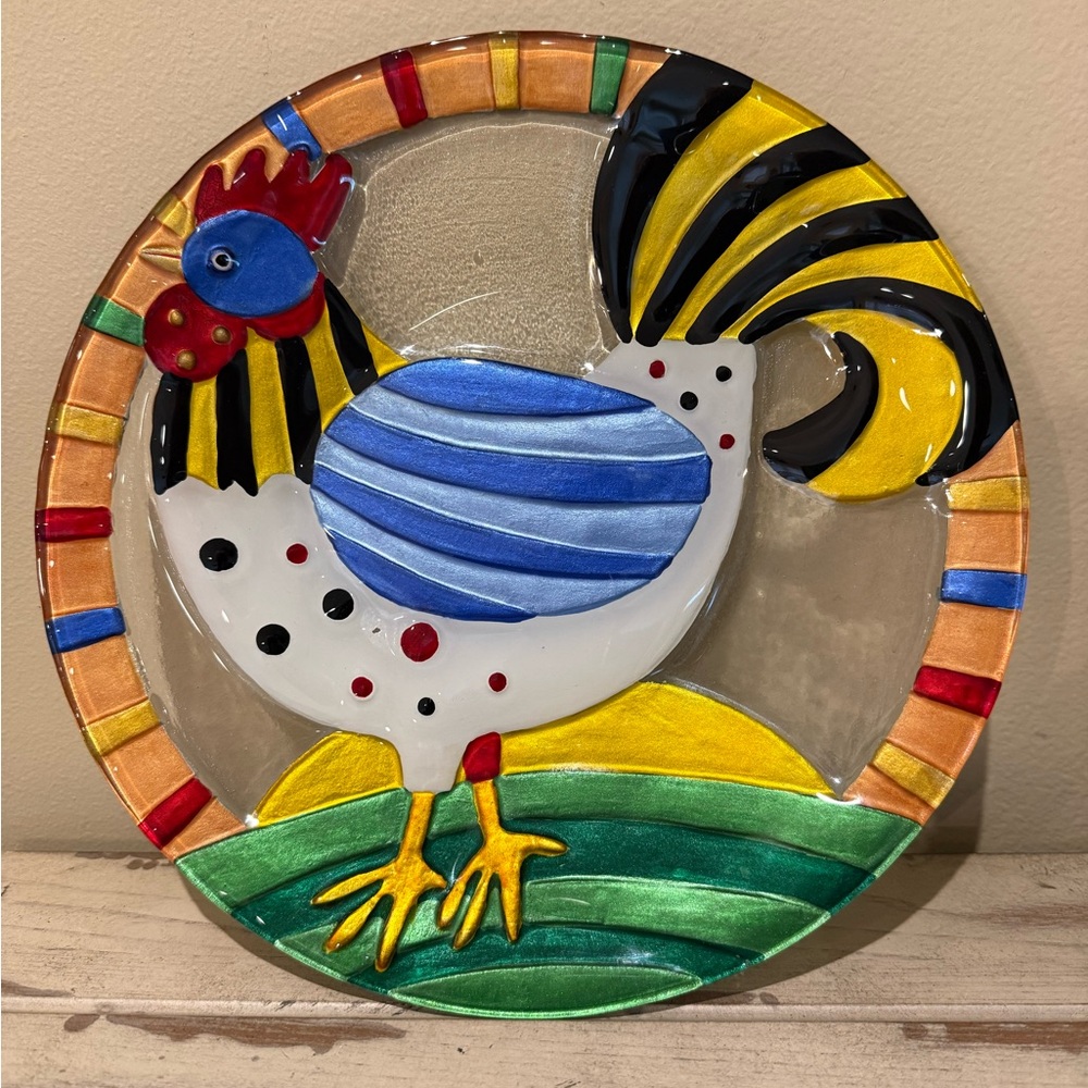 Colorful Lori Siebert Silvestri Rooster Hand-Blown Fusion Glass 11” Plate
